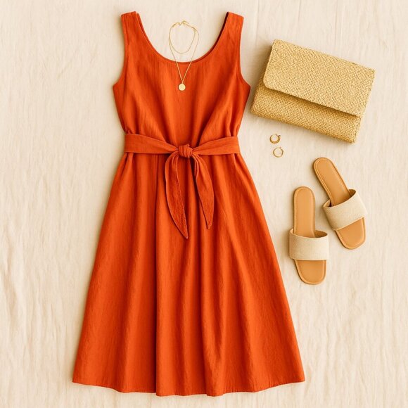 Coldwater Creek Dress Orange Silk Fit & Flare Belted Midi Classic 14 - Picture 2 of 10